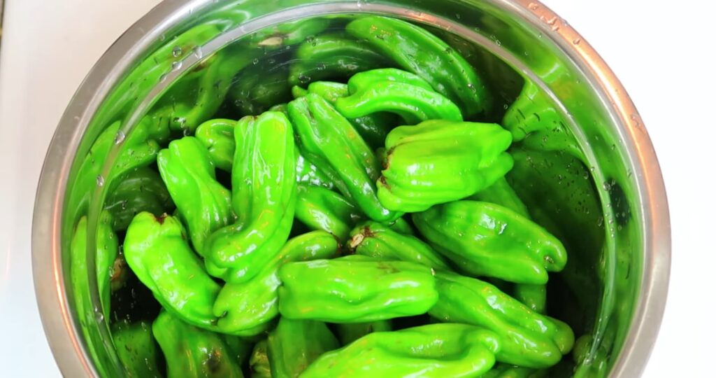 Bowl of fresh, bright green shishito peppers with water droplets.