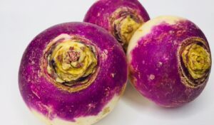 Three whole turnips with vibrant purple tops on a white background.