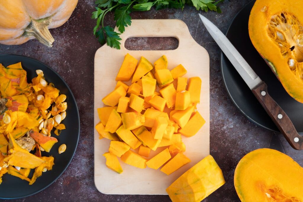 Top view of pumpkin on cutting board