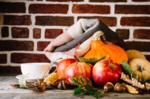 Autumn Flat Lay with Vegetables, Apples and Plaid