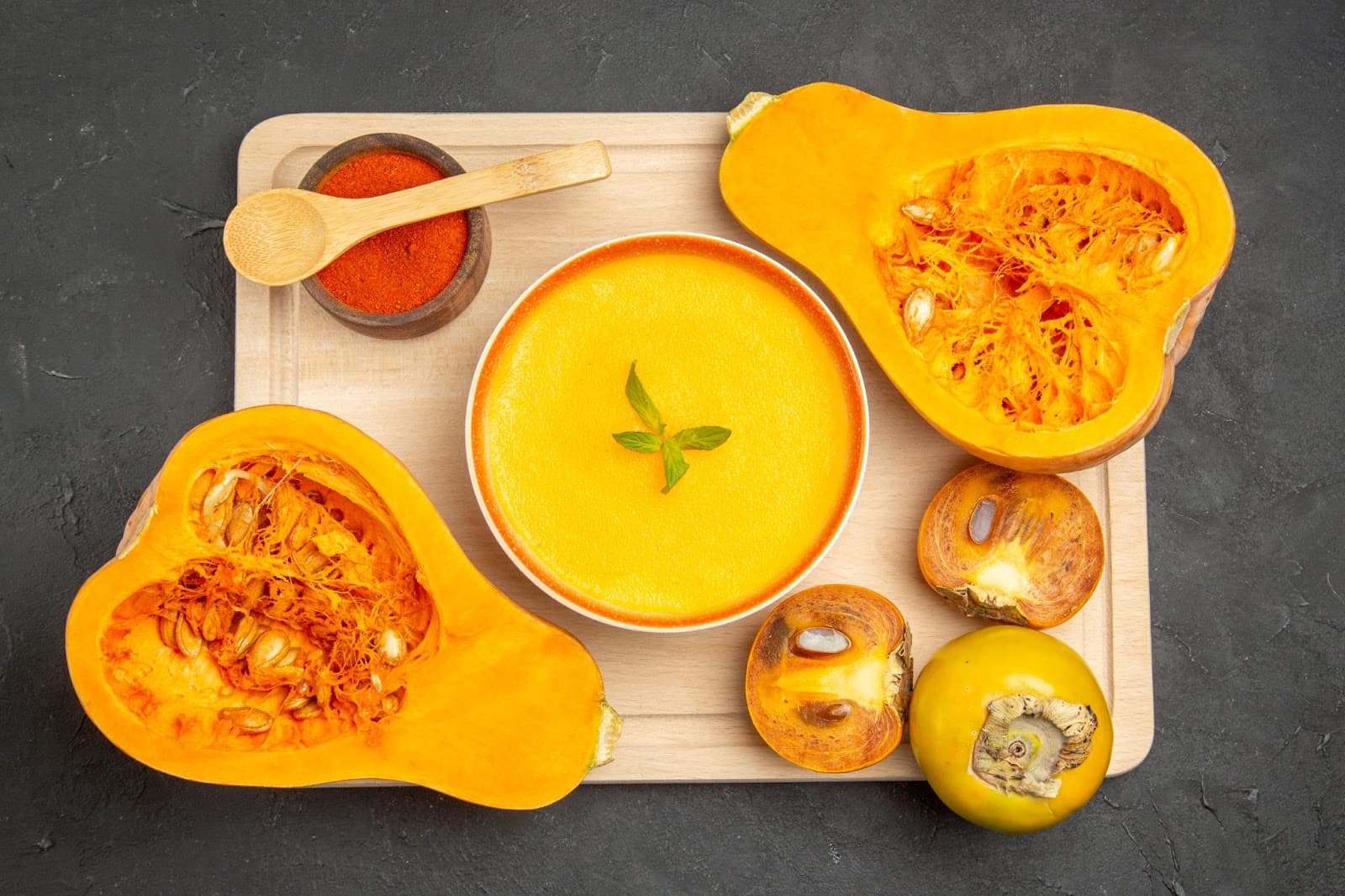 Top view of delicious pumpkin soup in a bowl