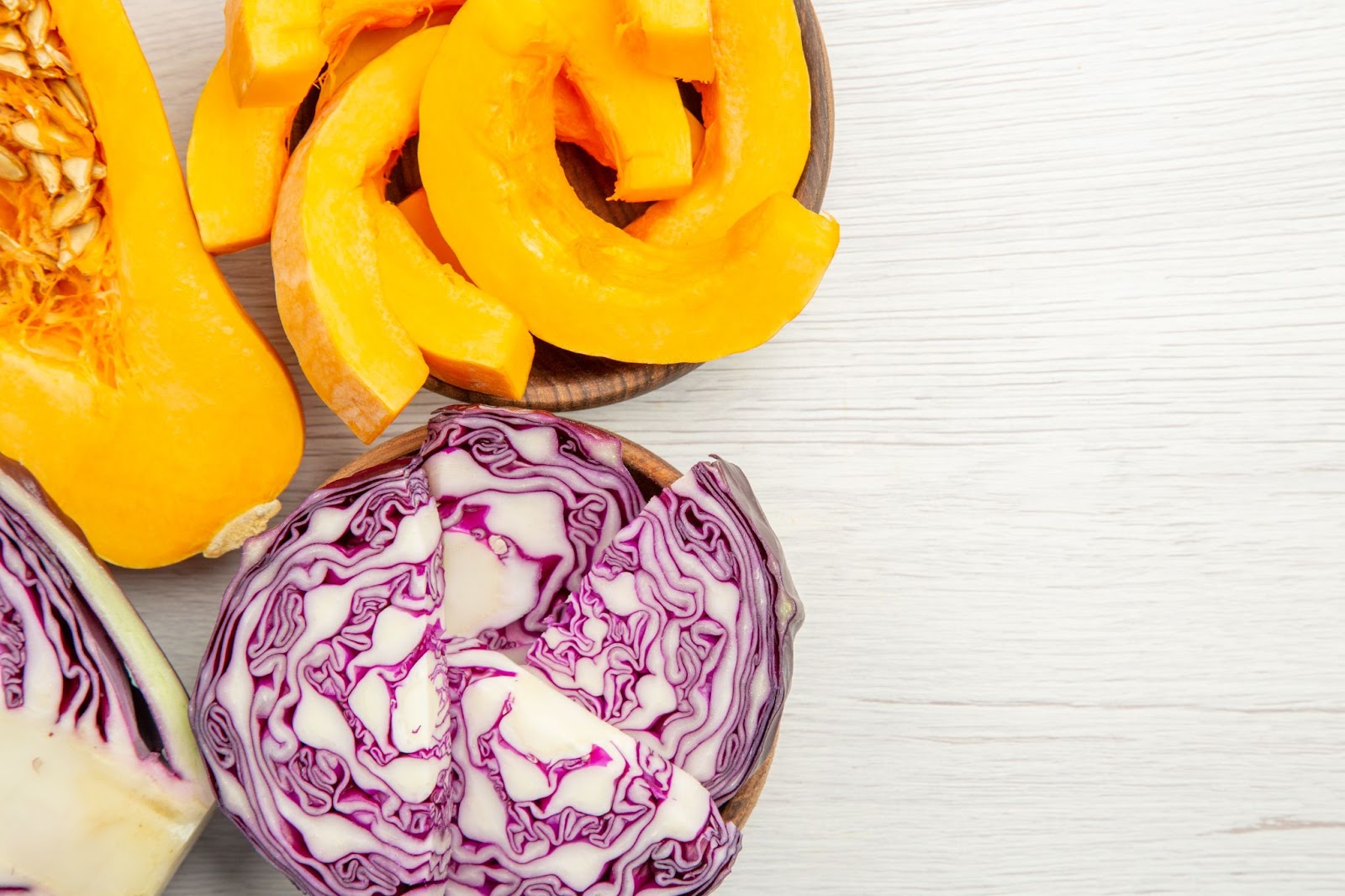 Top view of half butternut and half red cabbage